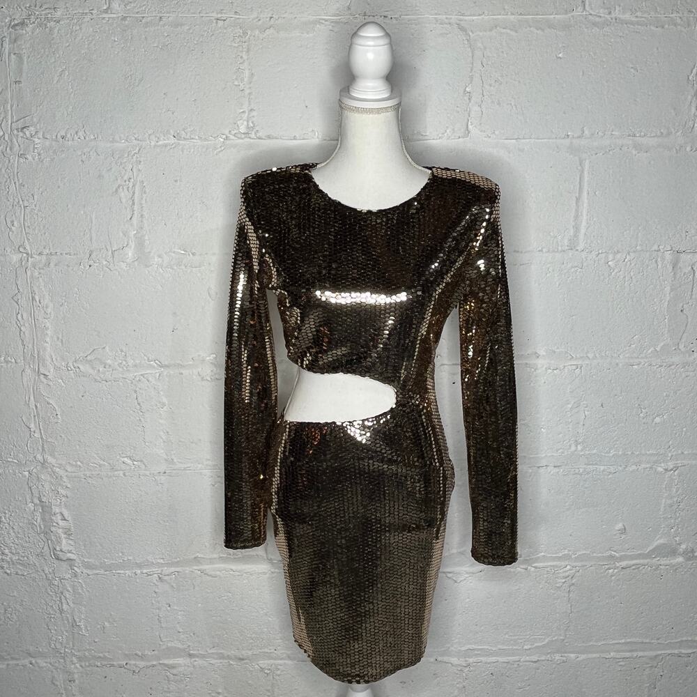 Blanc Gold Sequin Mini Dress Large Cutout Bodycon Women's Long Sleeve Party Glam